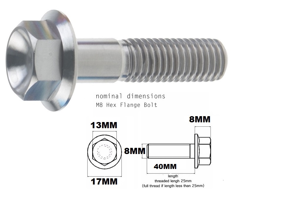 M8X40MM 1.25 THREAD PITCH TITANIUM FLANGE 13MM HEX BOLT GRADE 5